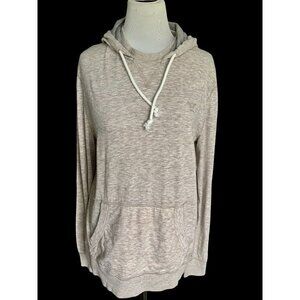AMERICAN EAGLE OUTFITTERS LS HOODED KANGAROO POUCH TAN GRAY LINING TEE EUC LARGE